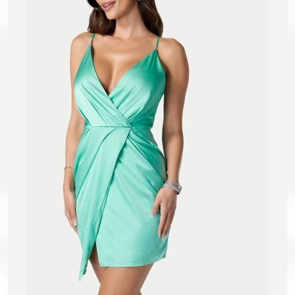 Bebe Aqua Satin Mini Dress - Picture 2 of 9